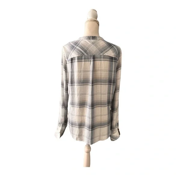 Paige Plaid Shirt Button Up Distressed Ruffle Collar Festival Semi Sheer Size M - Picture 5 of 9